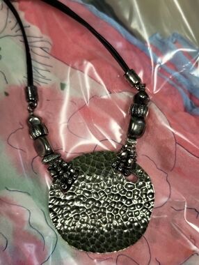 Chico's Hammered Silver Disc Necklace with Beaded Accents